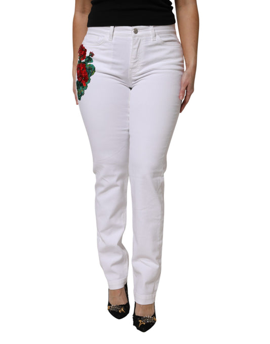 Dolce & Gabbana White Floral Sequined Denim Jeans