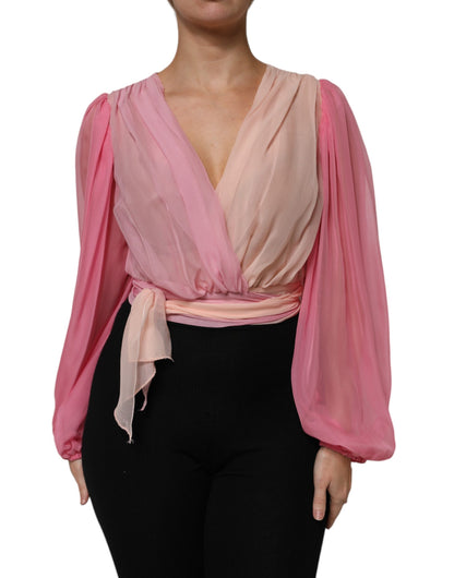 Dolce & Gabbana Pink Silk Plunging V-neck Long Sleeve Blouse
