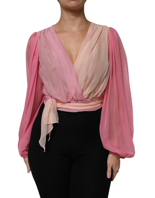 Dolce & Gabbana Pink Silk Plunging V-neck Long Sleeve Blouse