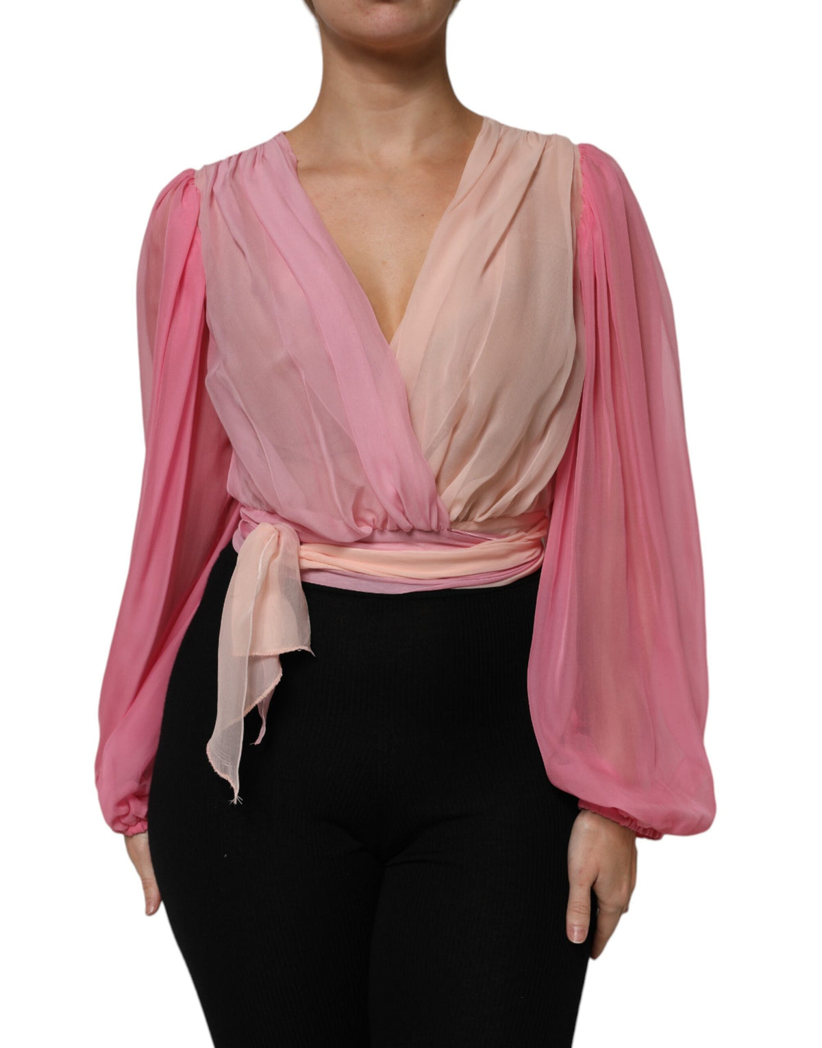 Dolce & Gabbana Pink Silk Plunging V-neck Long Sleeve Blouse