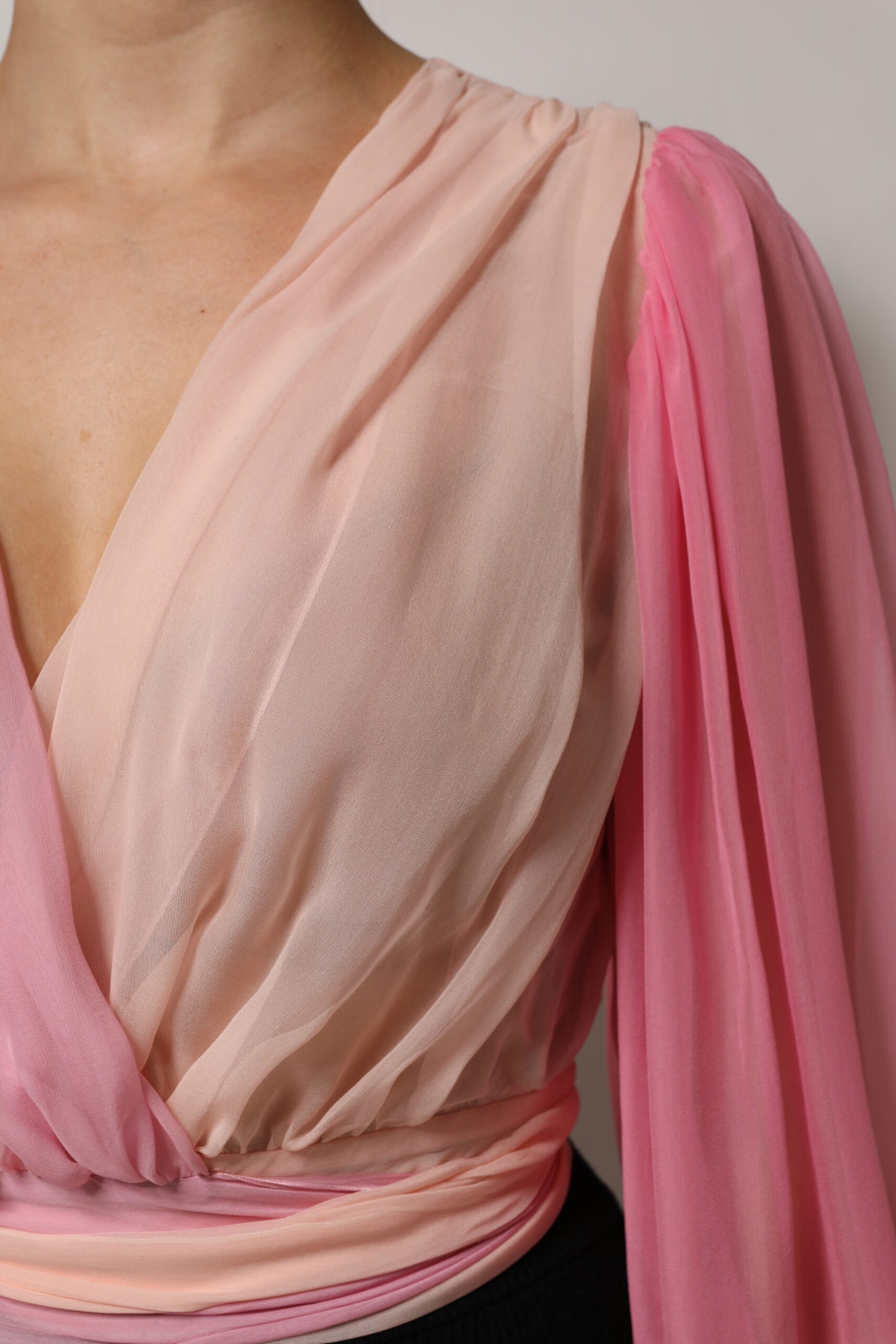 Dolce & Gabbana Pink Silk Plunging V-neck Long Sleeve Blouse