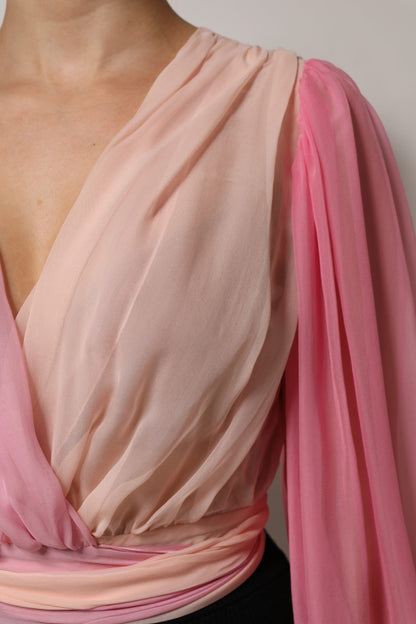 Dolce & Gabbana Pink Silk Plunging V-neck Long Sleeve Blouse