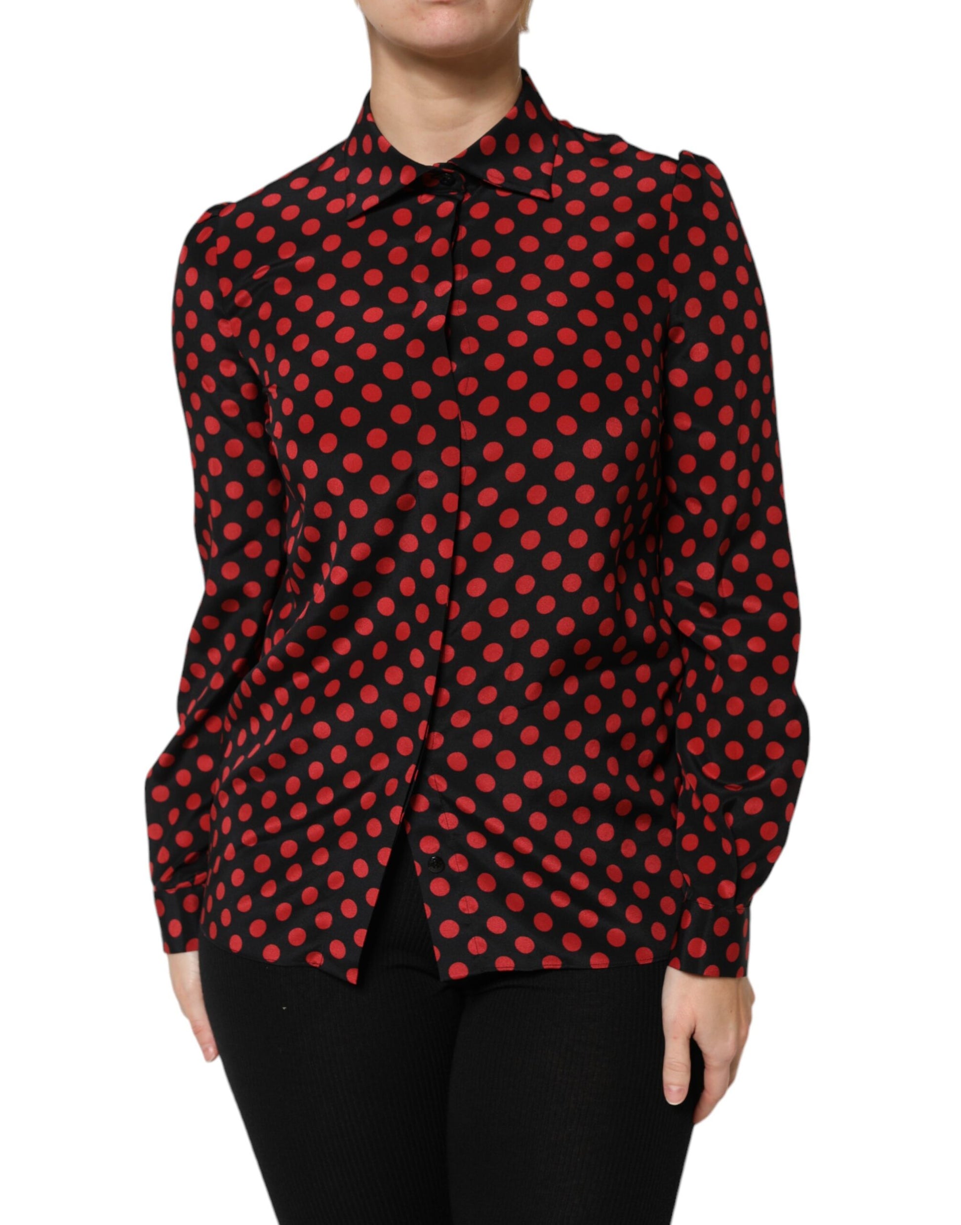Dolce & Gabbana Black & Red Polka Dot Silk Long Sleeves Top