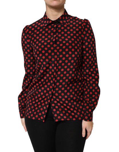 Dolce & Gabbana Black & Red Polka Dot Silk Long Sleeves Top