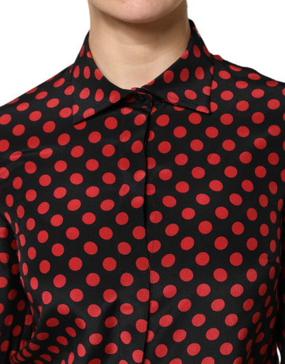 Dolce & Gabbana Black & Red Polka Dot Silk Long Sleeves Top