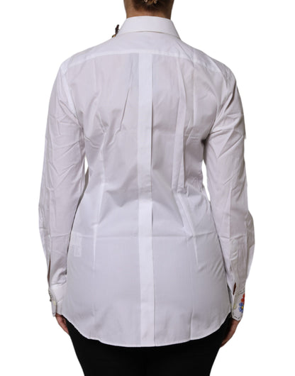 Dolce & Gabbana White Cotton Floral Embellished Long Sleeve Shirt Top