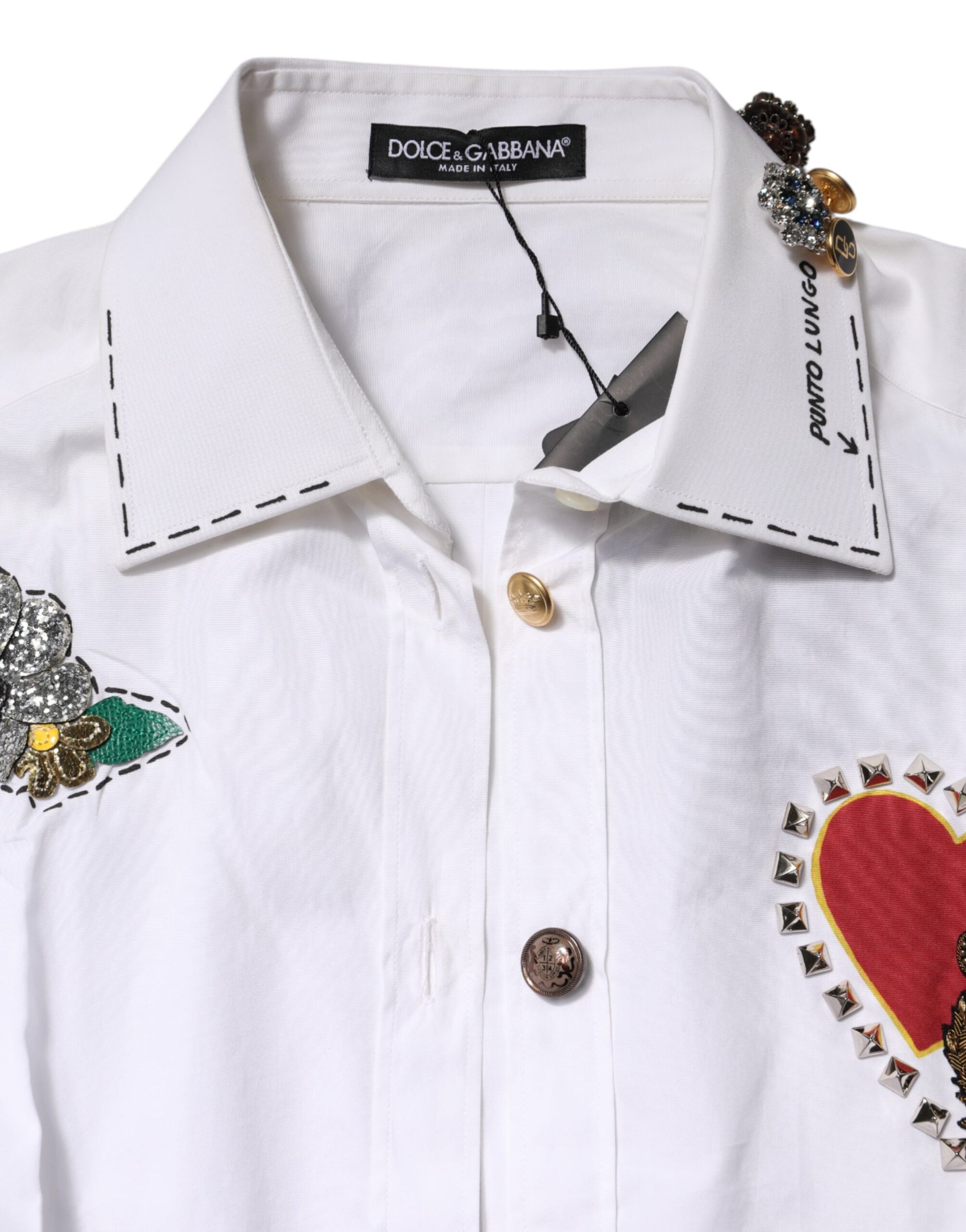 Dolce & Gabbana White Cotton Floral Embellished Long Sleeve Shirt Top