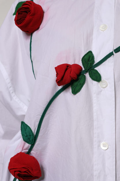 Dolce & Gabbana White Cotton Floral Appliques Dress Shirt Top