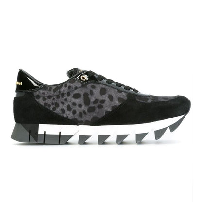 Dolce & Gabbana Black Calfskin Sneaker with Leopard Print