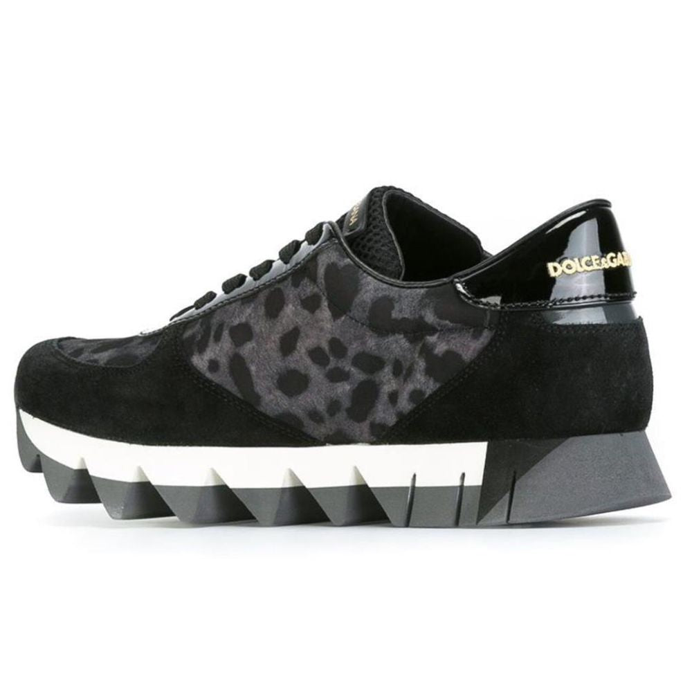 Dolce & Gabbana Black Calfskin Sneaker with Leopard Print