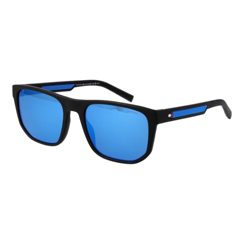 Tommy Hilfiger Men’s Black Sunglasses – Rectangle Frame with Blue Mirrored Lenses, 55mm