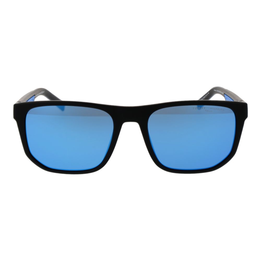 Tommy Hilfiger Men’s Black Sunglasses – Rectangle Frame with Blue Mirrored Lenses, 55mm