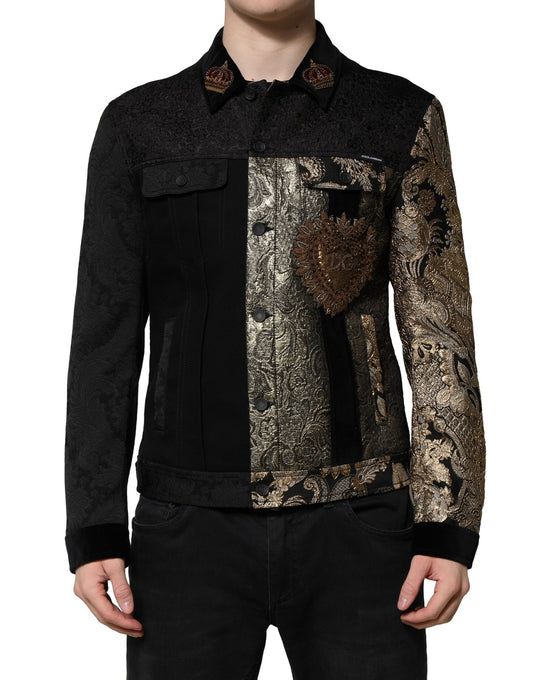 Dolce & Gabbana Black Gold Floral Jacquard Biker Jacket