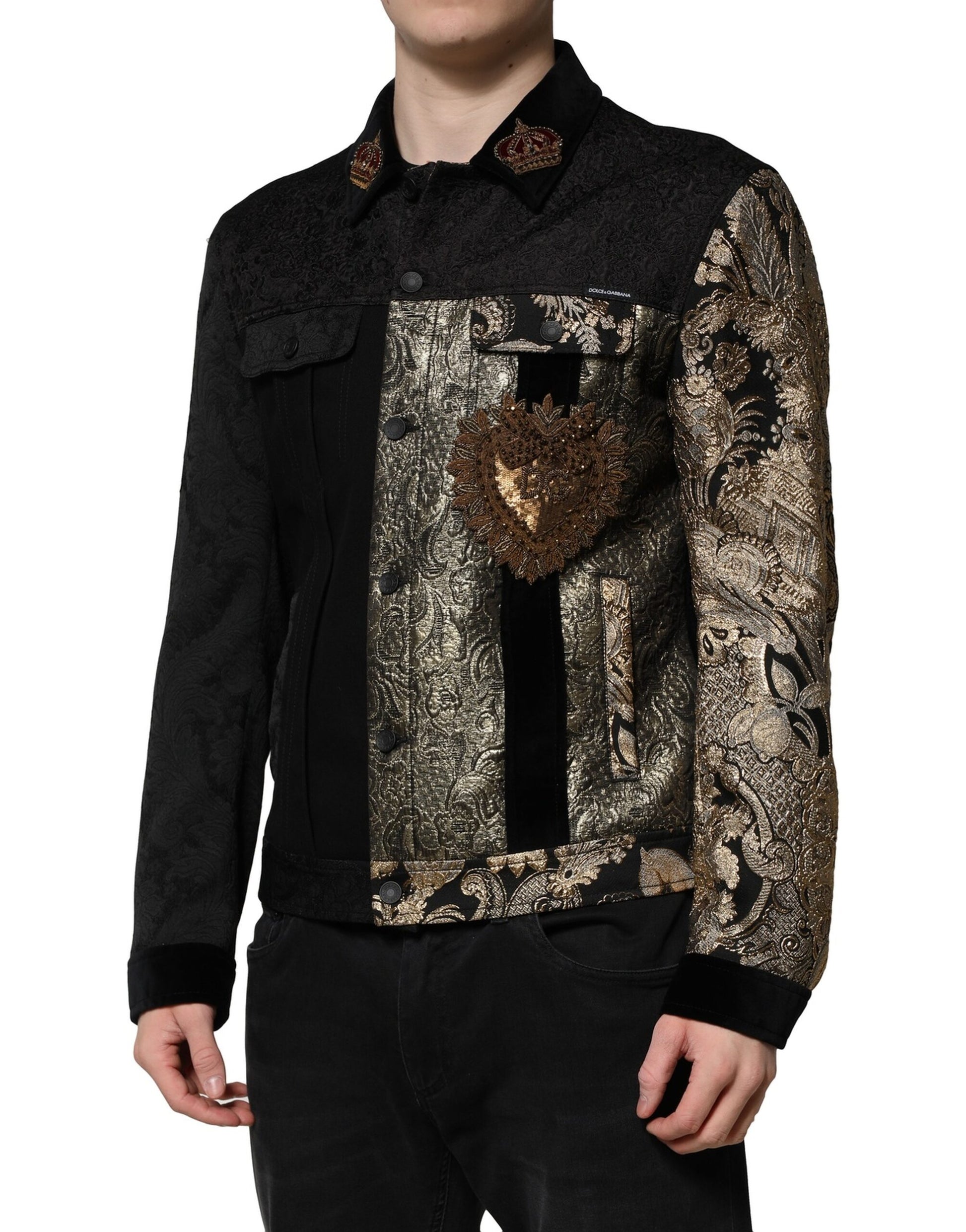 Dolce & Gabbana Black Gold Floral Jacquard Biker Jacket