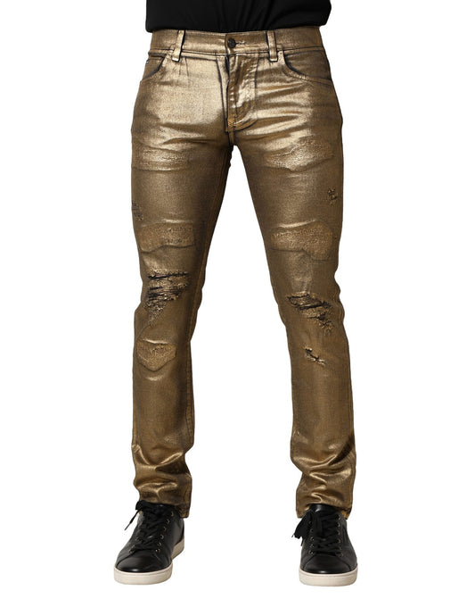 Dolce & Gabbana Gold Tattered Slim Denim Jeans