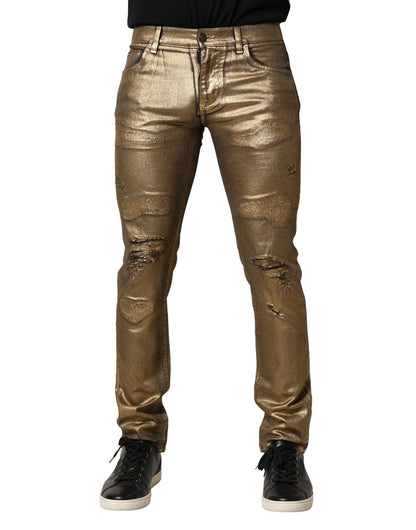 Dolce & Gabbana Gold Tattered Slim Denim Jeans