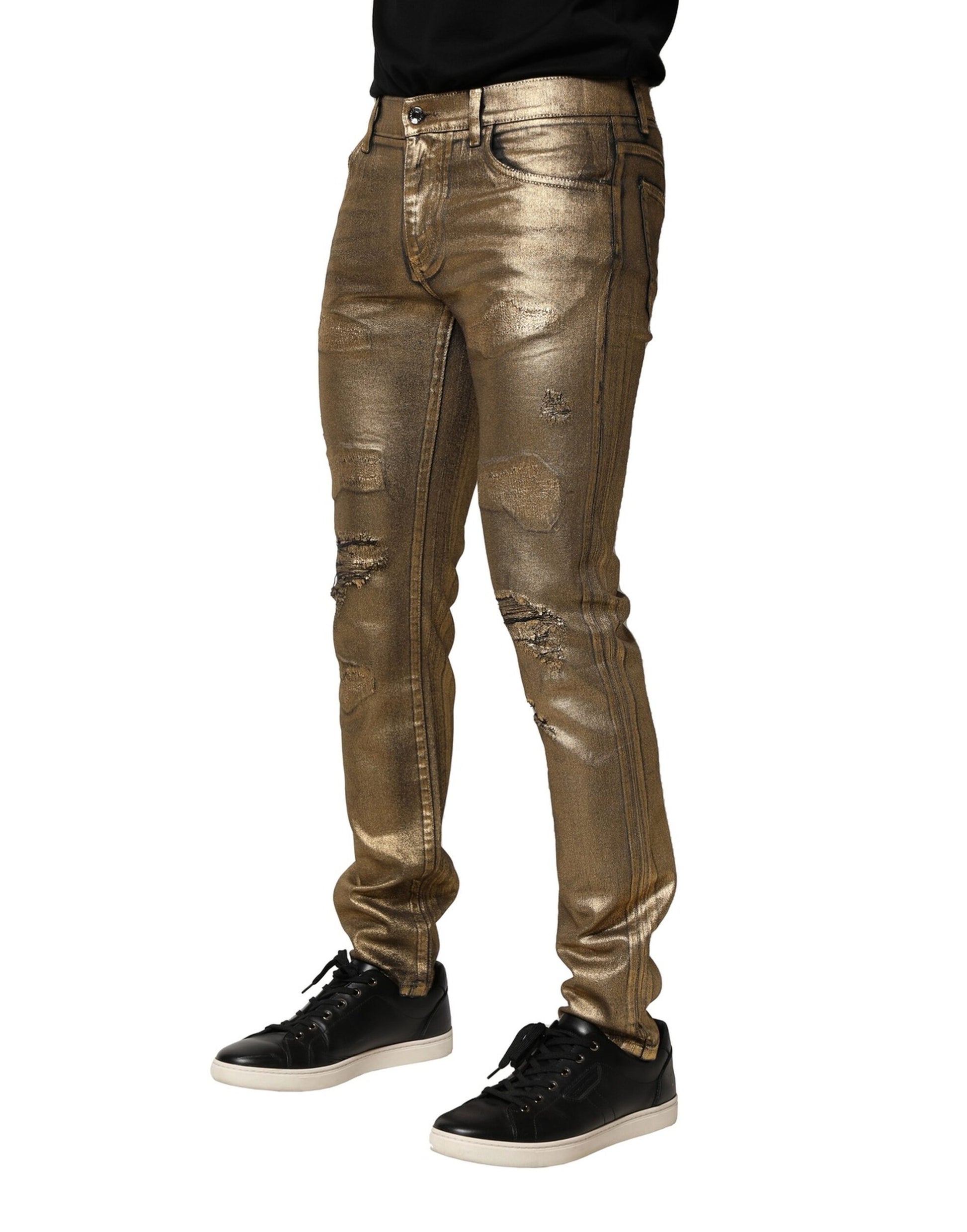 Dolce & Gabbana Gold Tattered Slim Denim Jeans