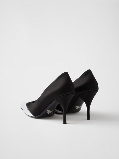 Prada Black Satin and Metallic Silver Leather Pumps
