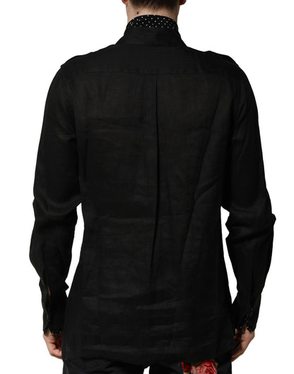 Dolce & Gabbana Black Polka Dot Linen Silk Casual Shirt