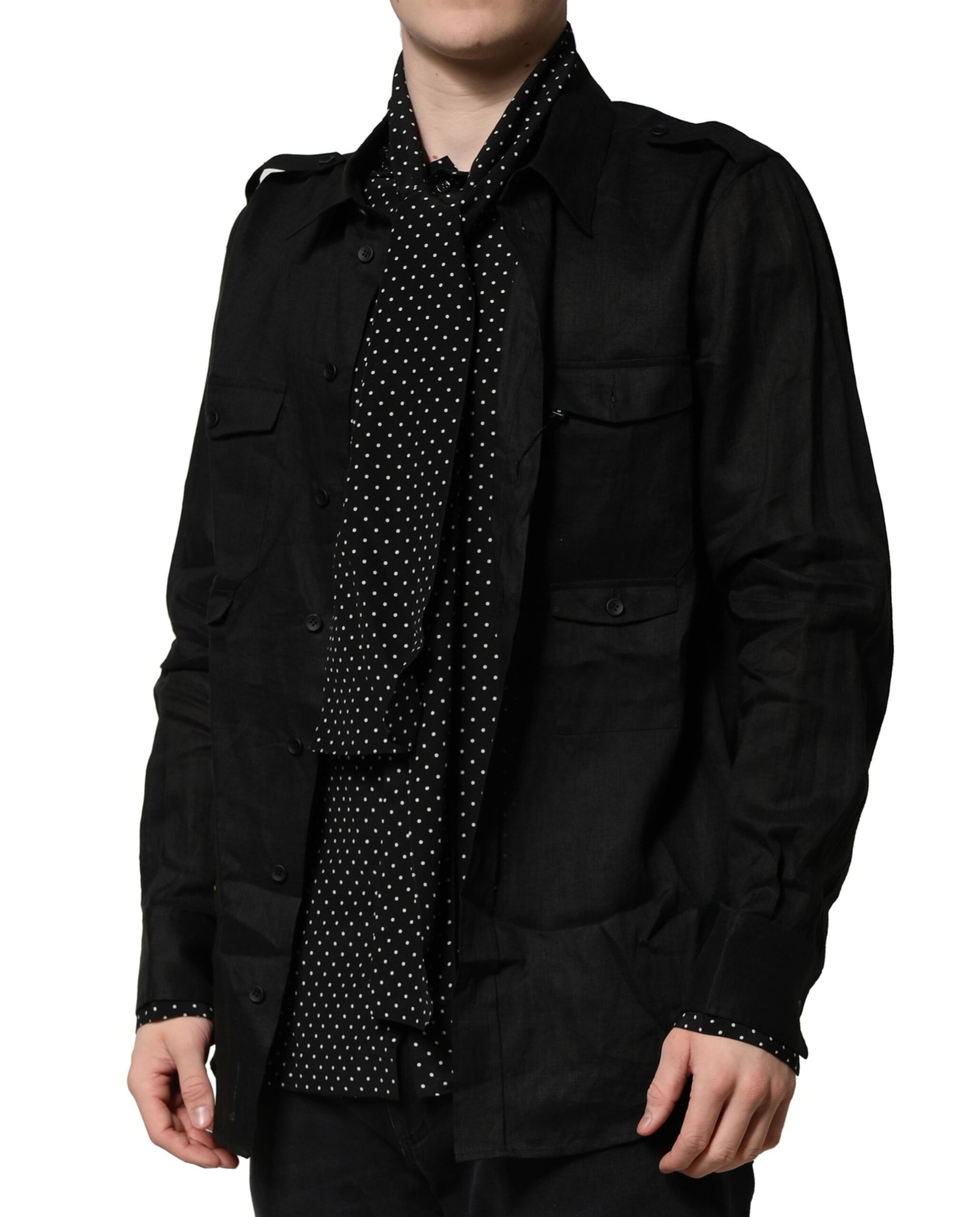 Dolce & Gabbana Black Polka Dot Linen Silk Casual Shirt