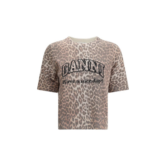 Ganni Leopard Print Short Sleeve Sweater