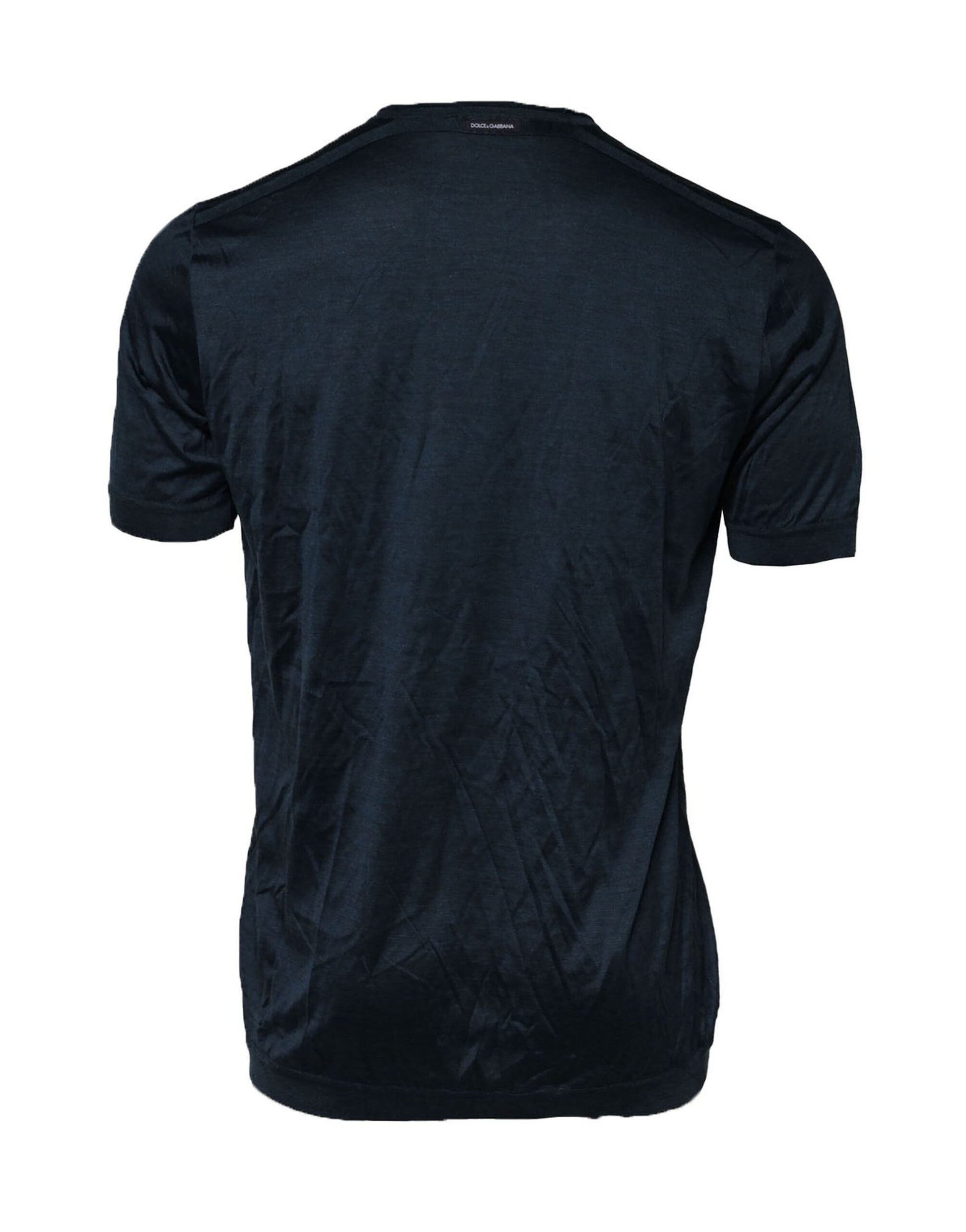 Dolce & Gabbana Dark Blue Silk Logo Patch Crew Neck T-shirt