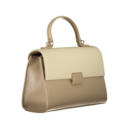 Mario Valentino Beige Leather-Finish Handbag with Snap Closure