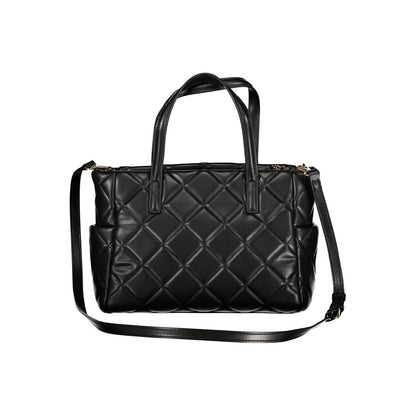 Mario Valentino Black Grained Leather Shoulder Bag with Gold Hardware