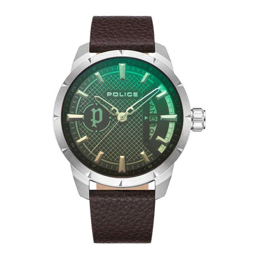 Police Men’s Brown Leather Watch – Green Dial & Grey Case, 45mm