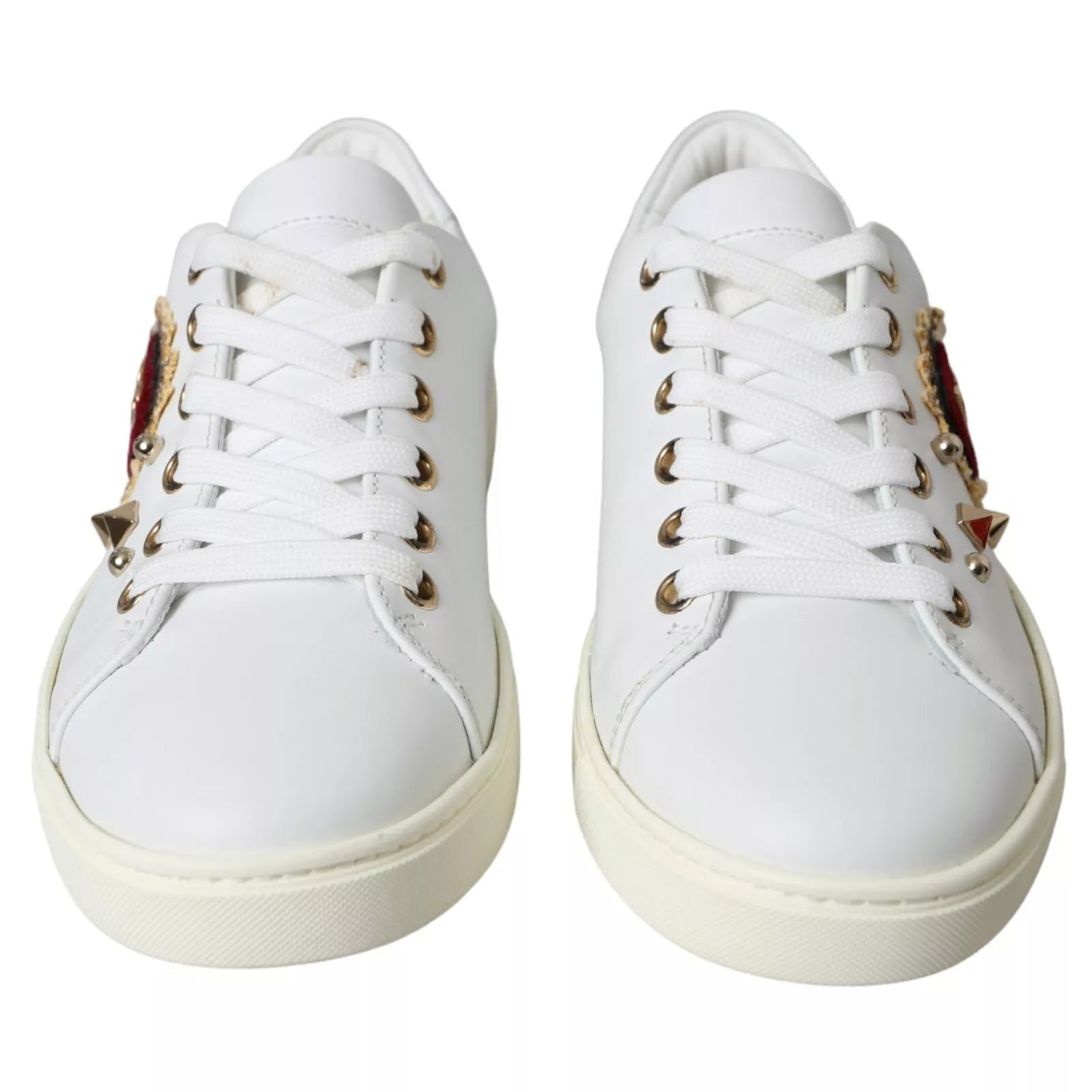 Dolce & Gabbana White Leather Gold Red Heart Sneakers