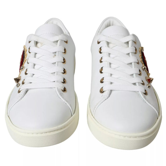 Dolce & Gabbana White Leather Gold Red Heart Sneakers