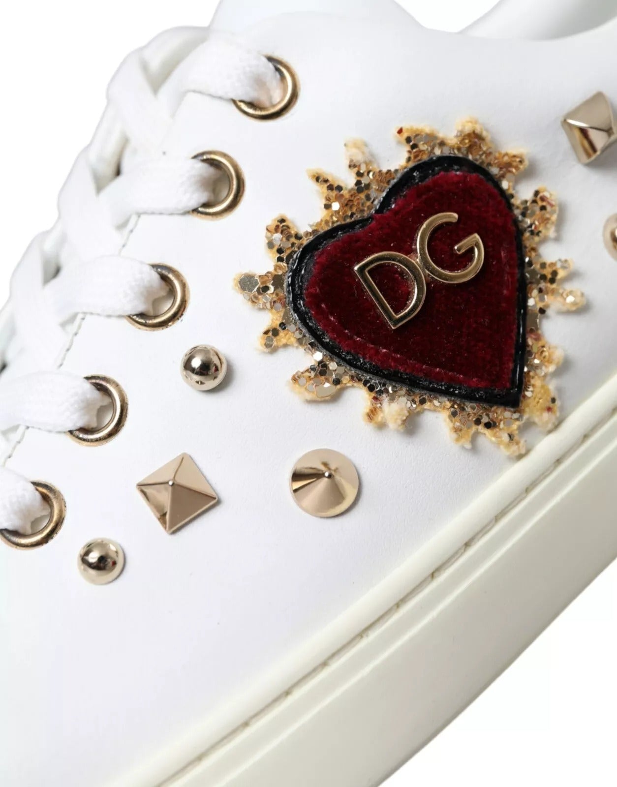 Dolce & Gabbana White Leather Gold Red Heart Sneakers