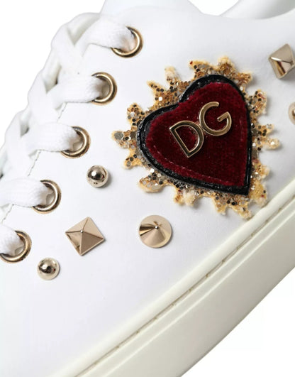 Dolce & Gabbana White Leather Gold Red Heart Sneakers