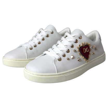 Dolce & Gabbana White Leather Gold Red Heart Sneakers