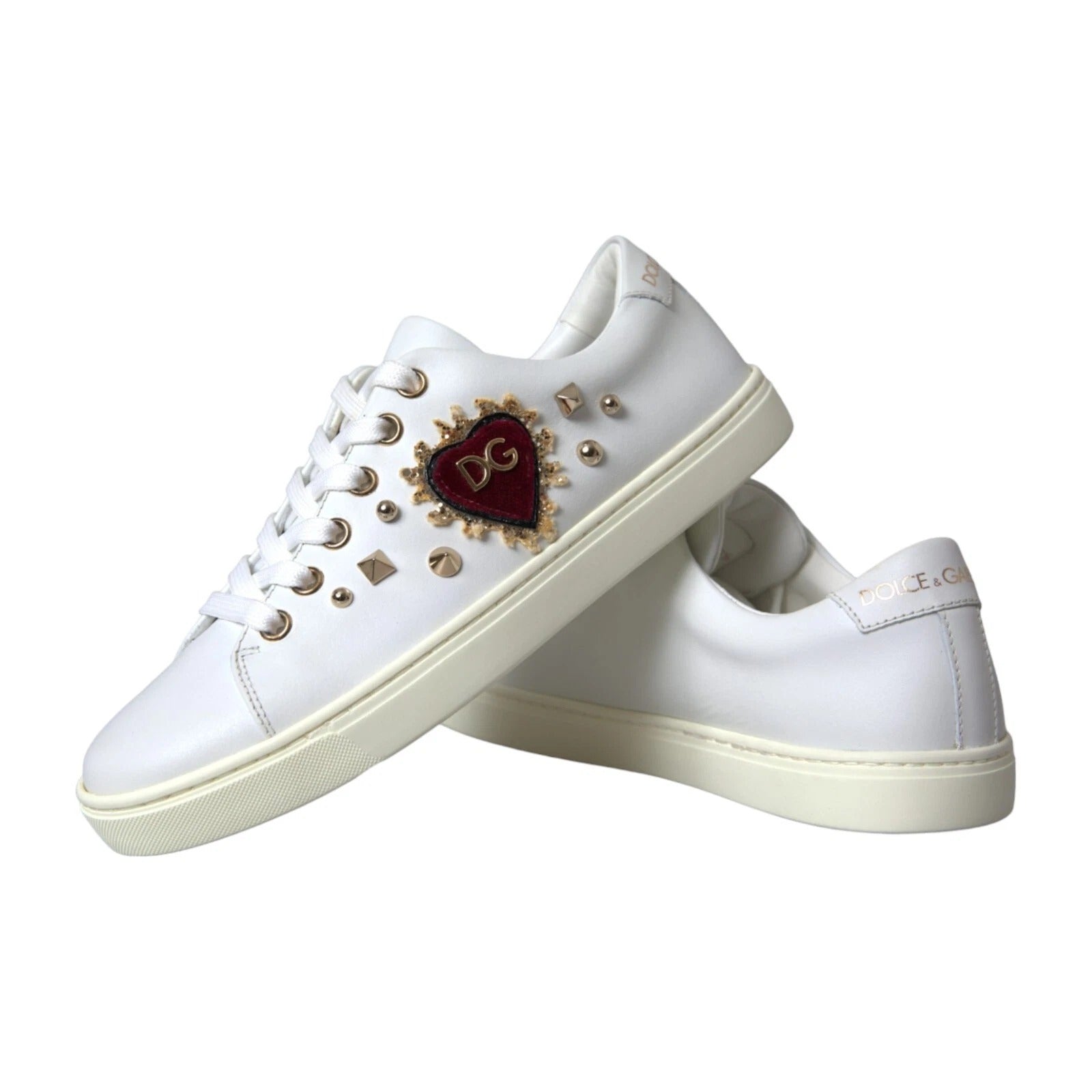 Dolce & Gabbana White Leather Gold Red Heart Sneakers