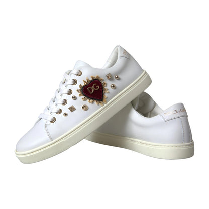 Dolce & Gabbana White Leather Gold Red Heart Sneakers
