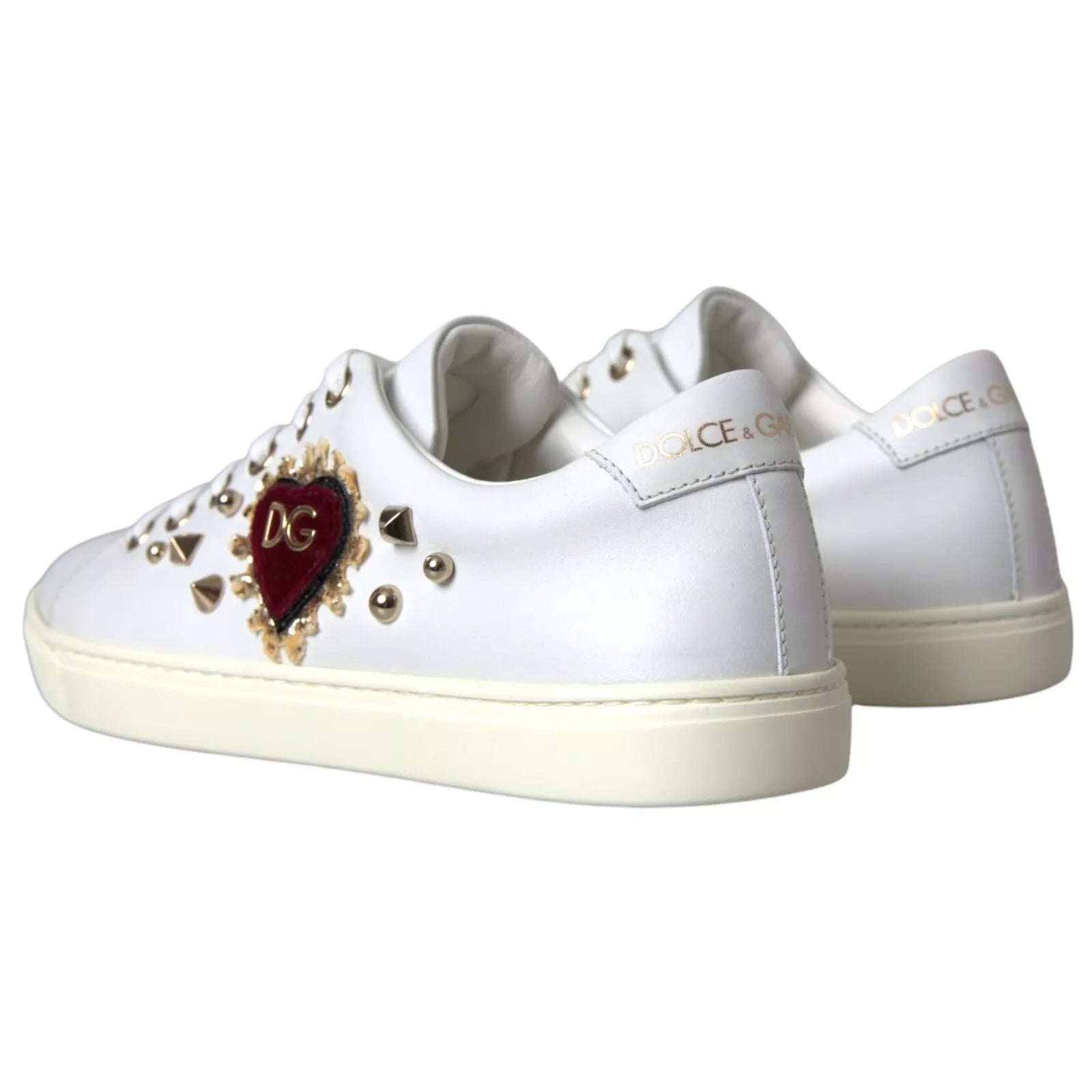 Dolce & Gabbana White Leather Gold Red Heart Sneakers