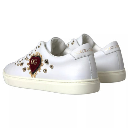 Dolce & Gabbana White Leather Gold Red Heart Sneakers