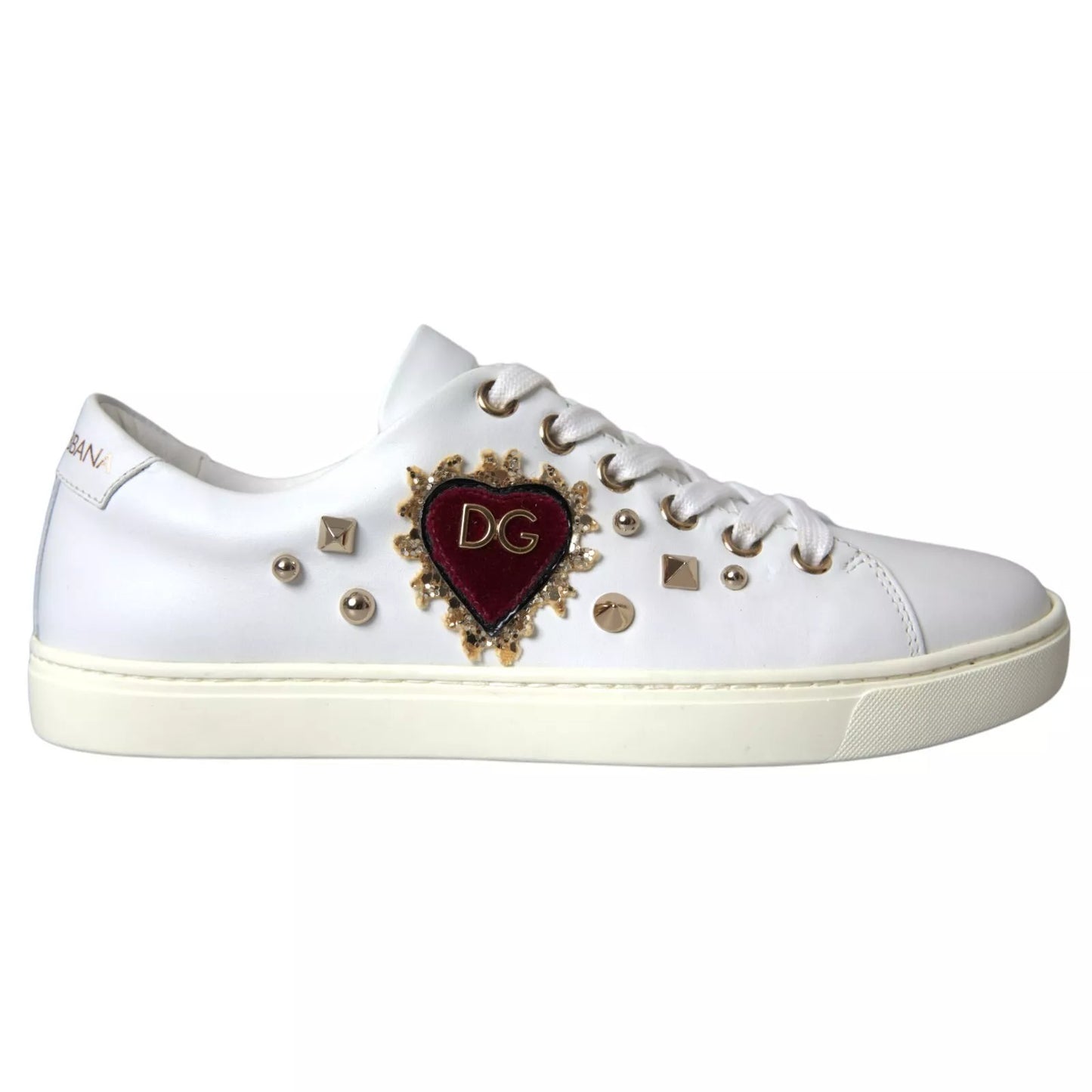 Dolce & Gabbana White Leather Gold Red Heart Sneakers