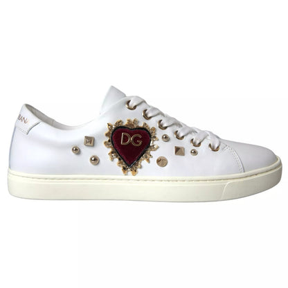 Dolce & Gabbana White Leather Gold Red Heart Sneakers