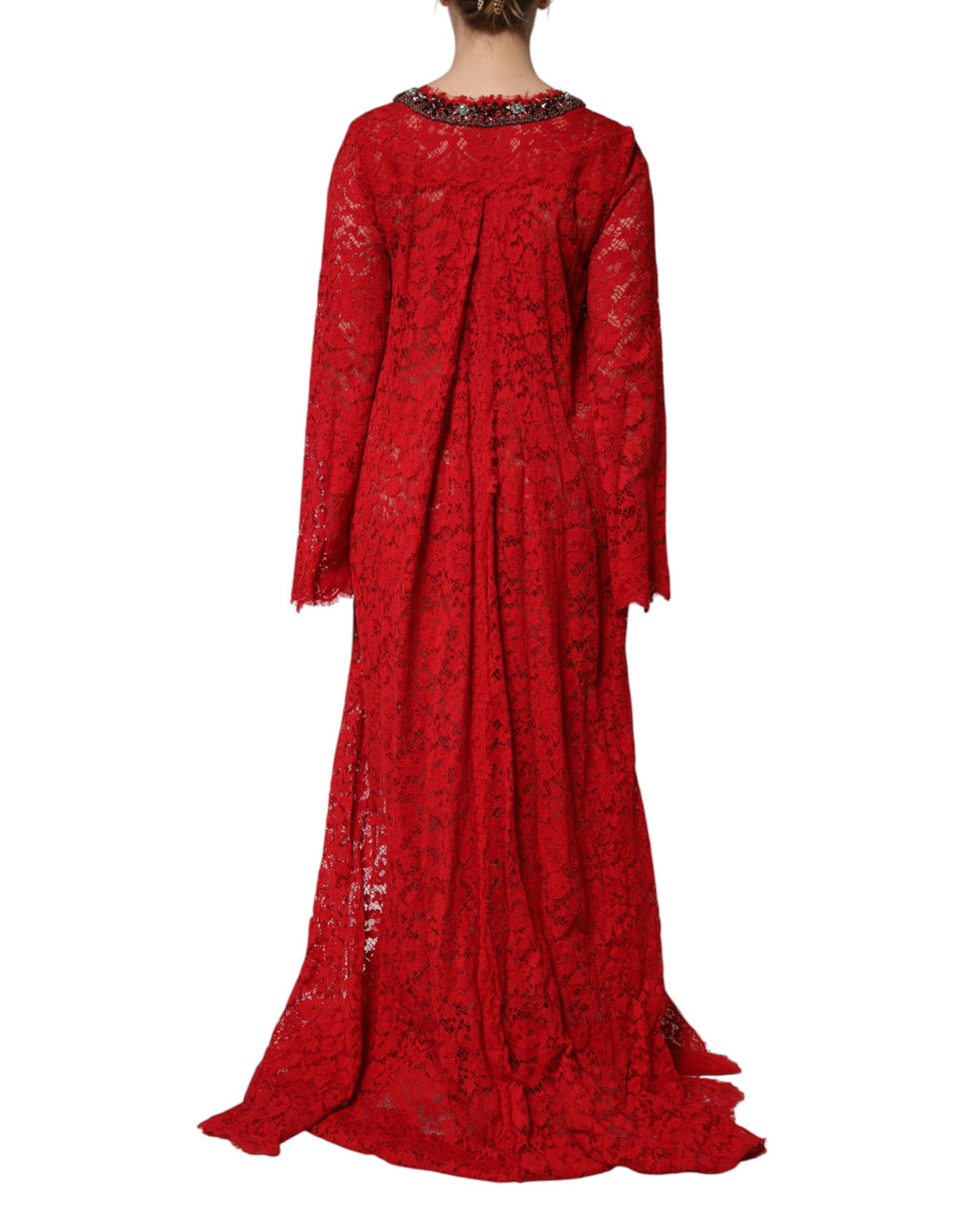Dolce & Gabbana Red Floral Lace Rhinestone Embellished Dress