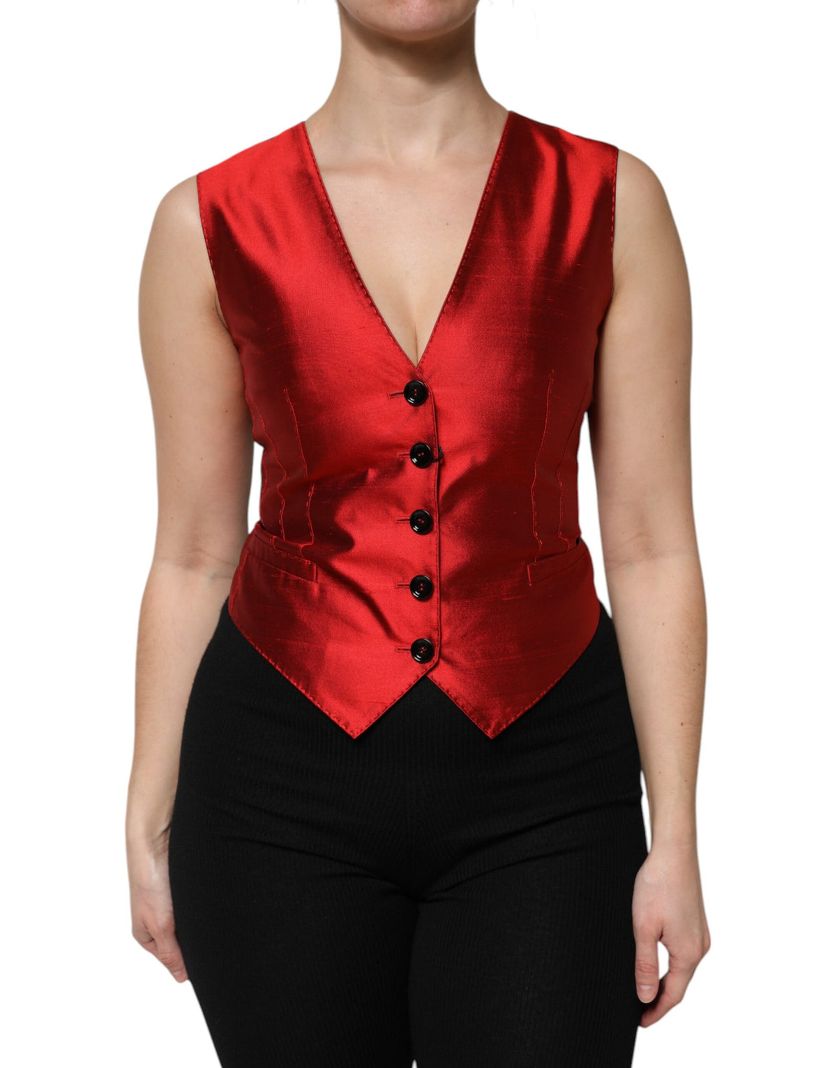 Dolce & Gabbana Red and Black Button Down Sleeveless Vest Top