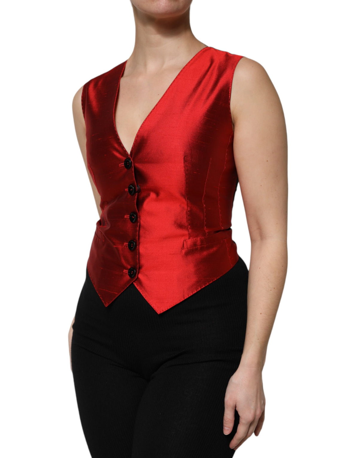 Dolce & Gabbana Red and Black Button Down Sleeveless Vest Top