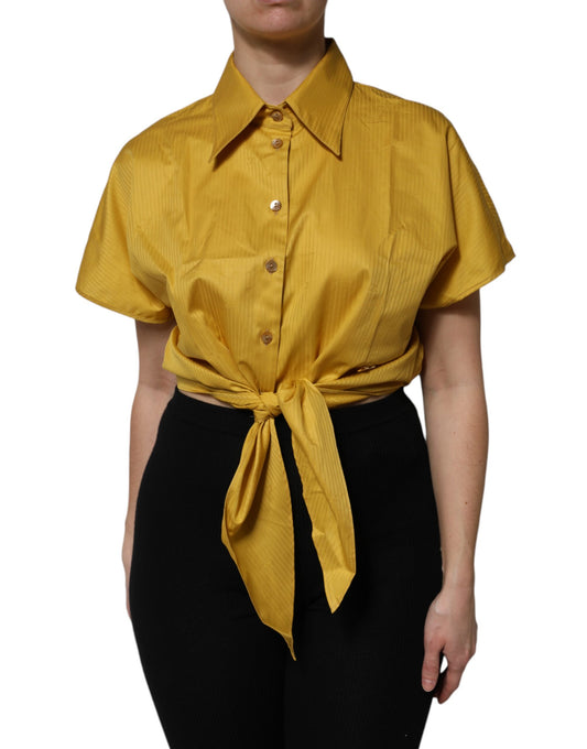 Dolce & Gabbana Mustard Short Sleeves Collared Tie Waist Blouse Top