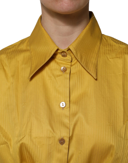 Dolce & Gabbana Mustard Short Sleeves Collared Tie Waist Blouse Top