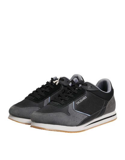 Trussardi Black Gray Lace Up Low Top Casual Sneakers Shoes