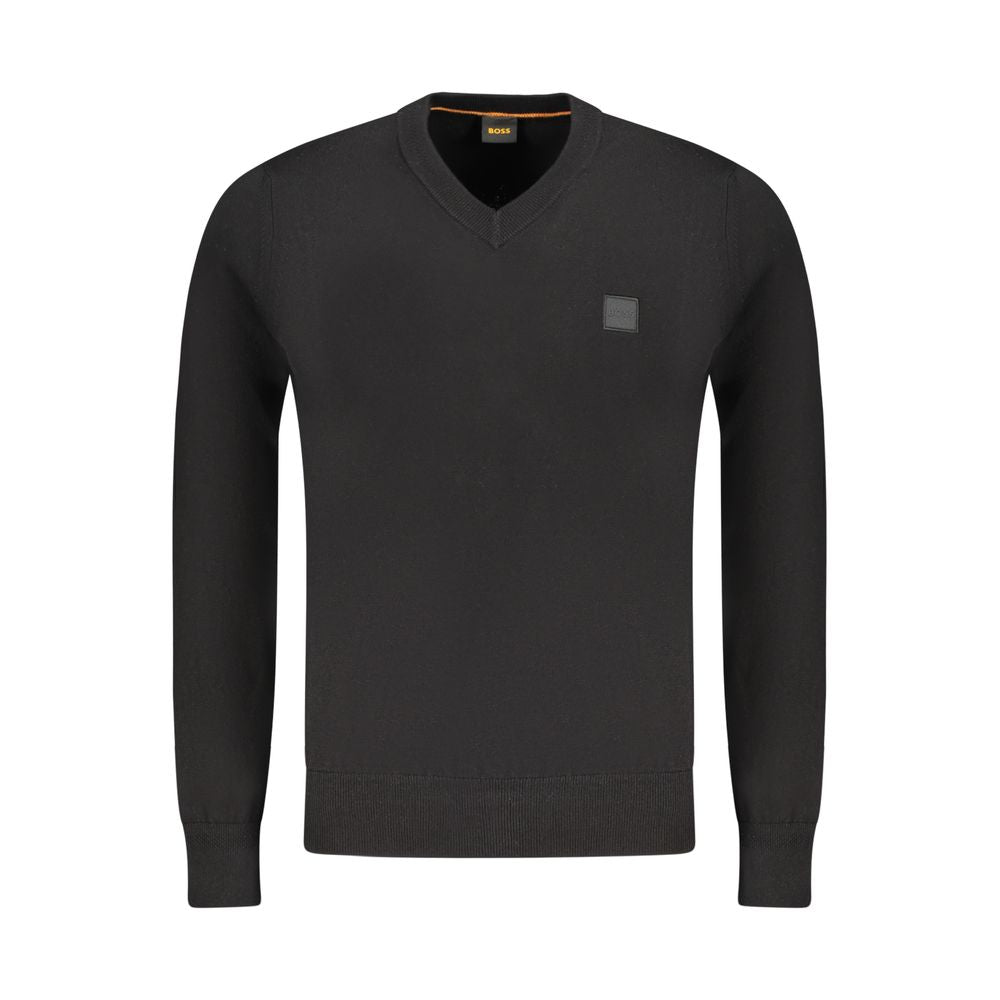 Hugo Boss Black Cotton Sweater - V-Neck Long Sleeved T-Shirt with Logo Applique