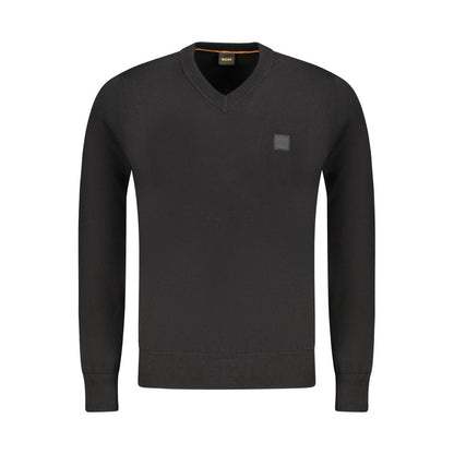 Hugo Boss Black Cotton Sweater - V-Neck Long Sleeved T-Shirt with Logo Applique