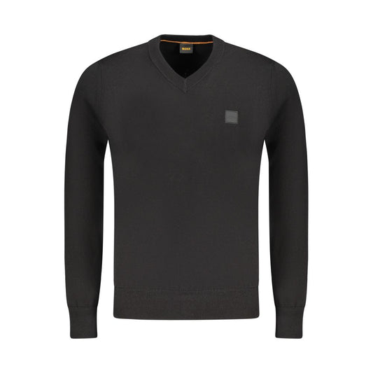 Hugo Boss Black Cotton Sweater - V-Neck Long Sleeved T-Shirt with Logo Applique
