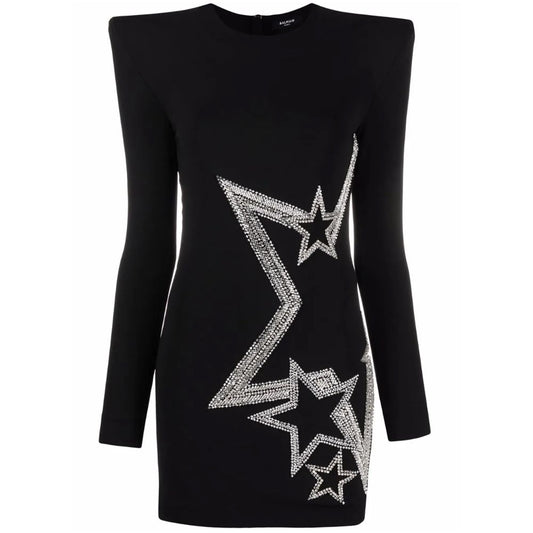 Balmain Black Viscose Dress with Rhinestone Accents